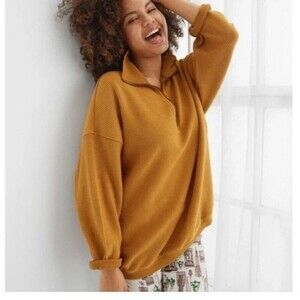 Aerie Corded Oversized Quarter Zip Sweatshirt Ribbed Mustard Yellow Soft Collar